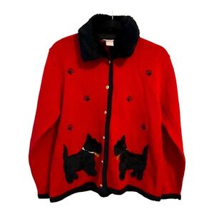 Vintage Scottie Dog Pawprint Cardigan Sweater Faux Fur Removable Collar Size S